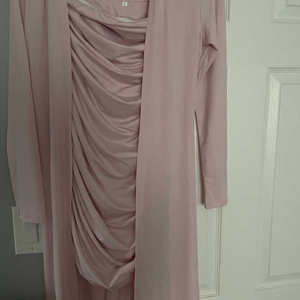 Long blush pink mini dress with long cover up